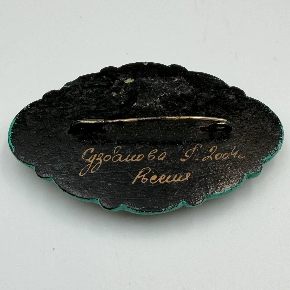 Russian Lacquer Brooch Pin Hand Painted Artist Signed Vintage Floral Jewelry